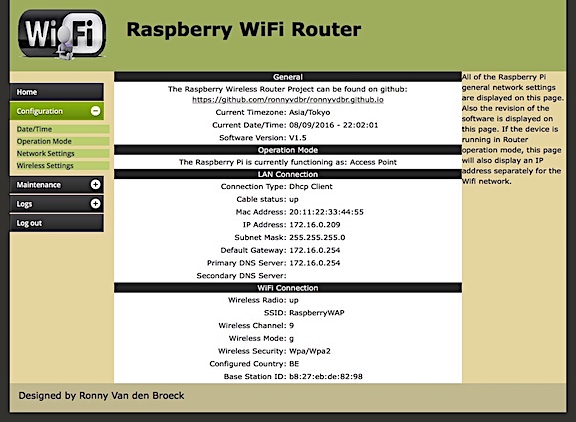 Raspberry WiFi RouterのWeb GUIトップ