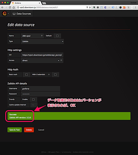 Grafana Zabbix をデータソースとして追加に成功
