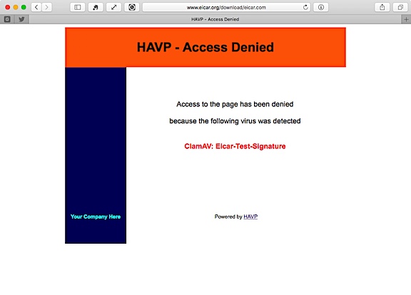 havp でブロックされた eicar テストファイル